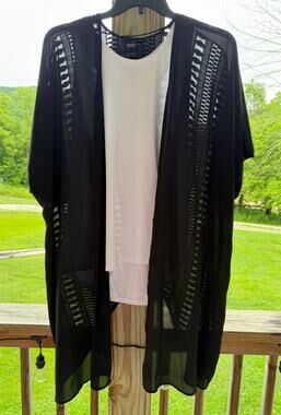 Boho Festival Beach Mossimo Black Sheer Open Front Crochet Back Kimono L/XL